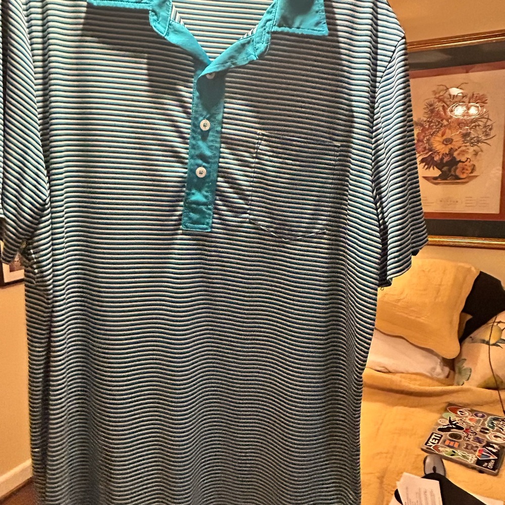 PGA Tour Teal and Black Striped Polo Shirt